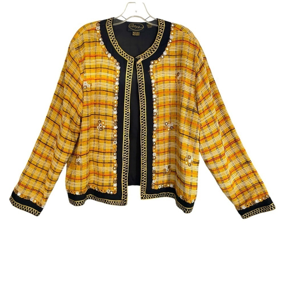 Alex Kim Vtg. Embellished Plaid Open Front Jacket Yellow, Black, Beaded Missy L - Picture 2 of 13